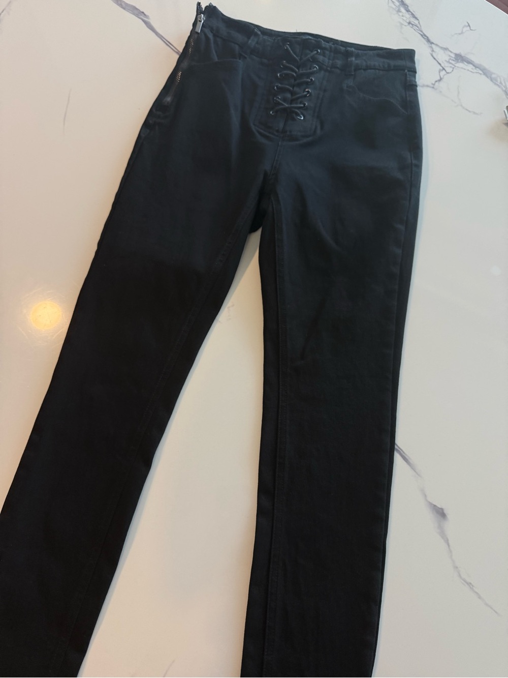 Black Lace-Up Front Skinny Pants
